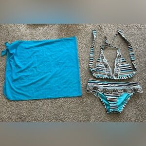 BECCA 3Pc Striped Bikini Set with Coverup (S)
